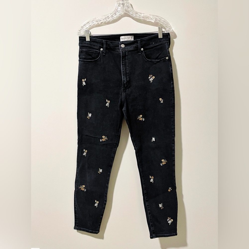 Abercrombie High-rise Super Skinny Ankle Jeans, Black Wash & Floral Embroidery